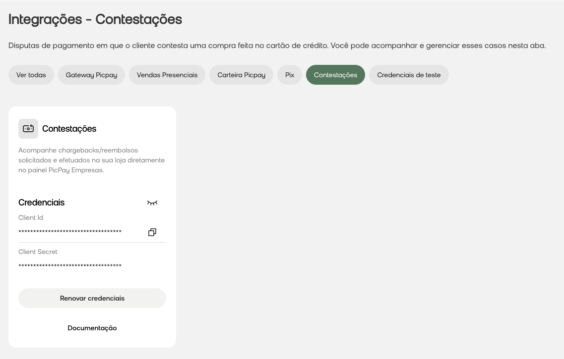 Tela do Painel do Lojista mostrando credenciais de contestações em produção