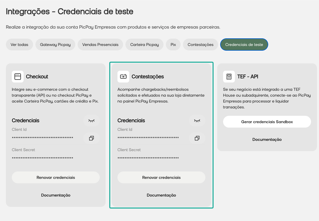 Tela do Painel do Lojista mostrando credenciais de contestações no ambiente sandbox