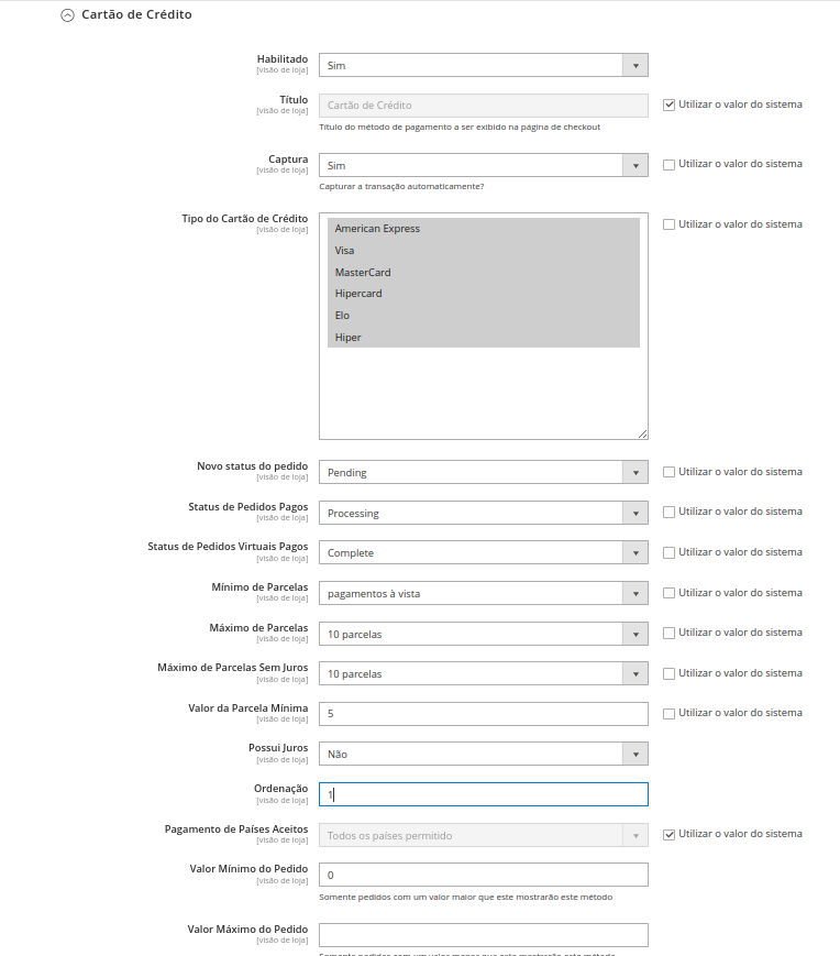 Tela de configurações de cartão de crédito do Magento