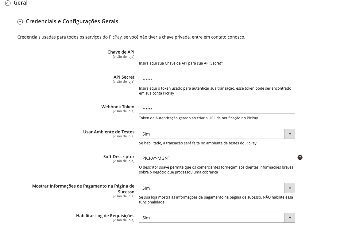 Tela de configurações do Magento