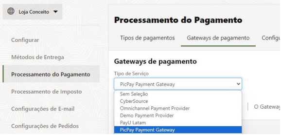 Tela exibindo a opção PicPay Payment Gateway após o upload do arquivo na etapa anterior