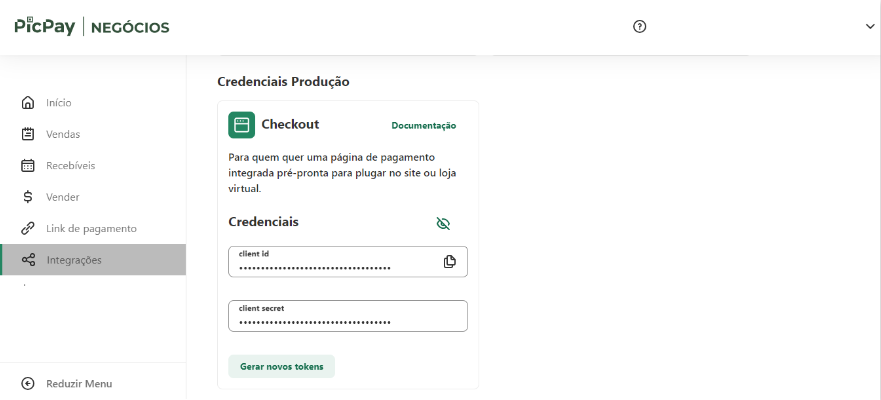 Checkout Production Credentials Screen