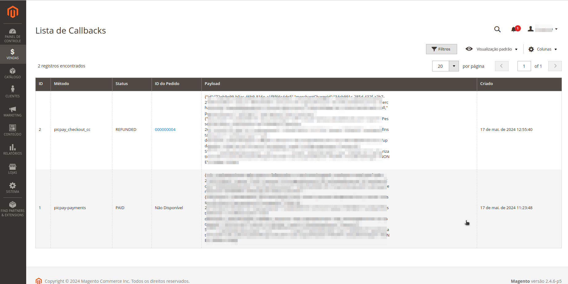 Magento callbacks listing screen