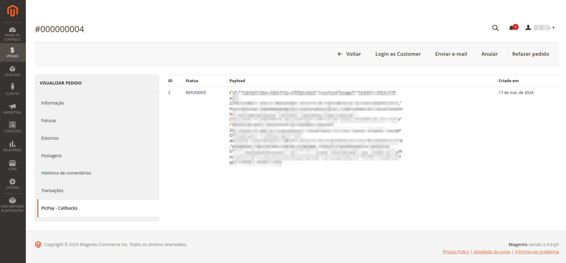 Magento order preview screen - PicPay - Callbacks